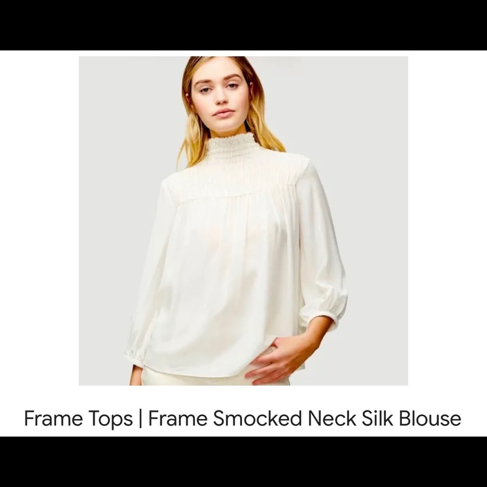 Frame smocked neck silk blouse in black